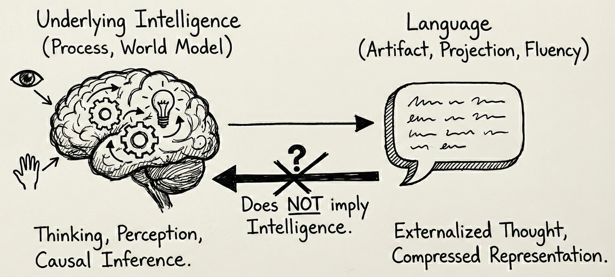 Diagram contrasting underlying intelligence—thinking, perception, and causal world models—with language as an externalized, compressed projection. An arrow shows intelligence producing language, while a crossed arrow emphasizes that fluent language does not imply intelligence.