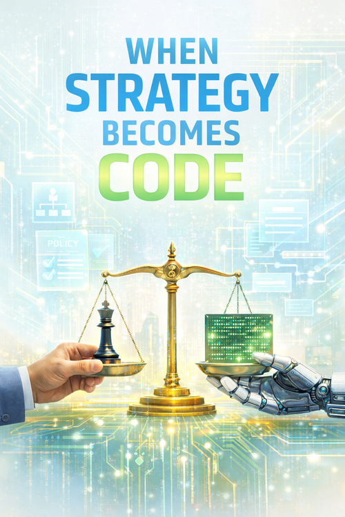 Abstract enterprise architecture showing semantic grounding, executable logic, and agentic AI execution, emphasizing governance, accountability, and control.