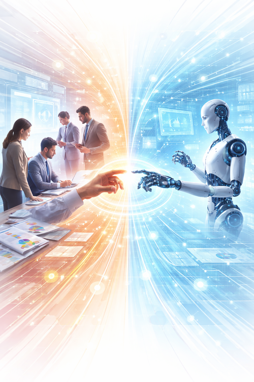Human professionals and an AI system connect through a shared digital interface, illustrating enterprise decision-making split between human judgment and automated execution.