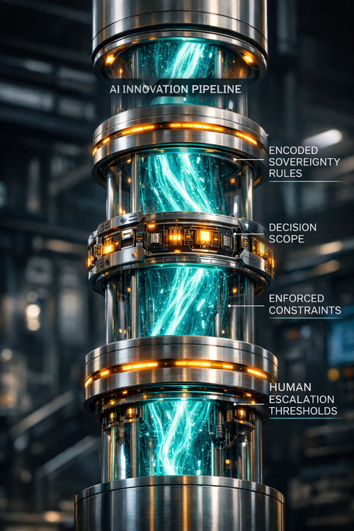 Futuristic AI pipeline showing a glass-and-steel system with glowing data flows, illustrating encoded rules, decision boundaries, and human oversight in enterprise automation.