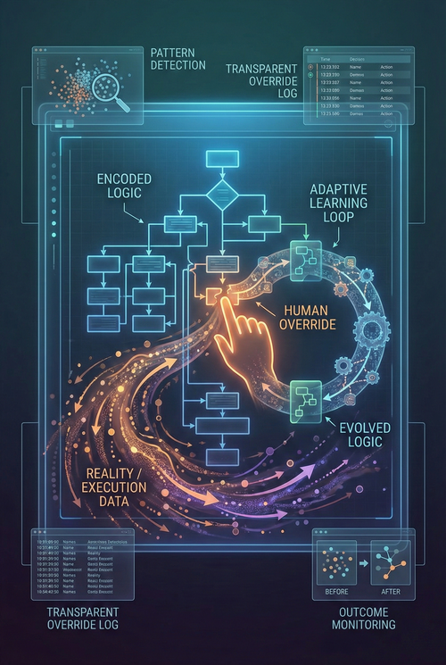 Diagram: human overrides as learning signals. They feed an adaptive loop that evolves encoded logic into resilient AI sovereignty.