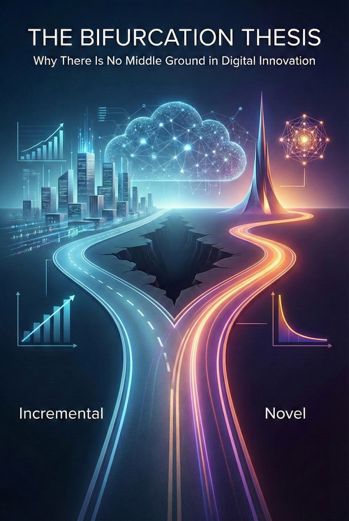 The Bifurcation Thesis: road splits into Incremental and Novel paths over a chasm, depicting the dead zone.