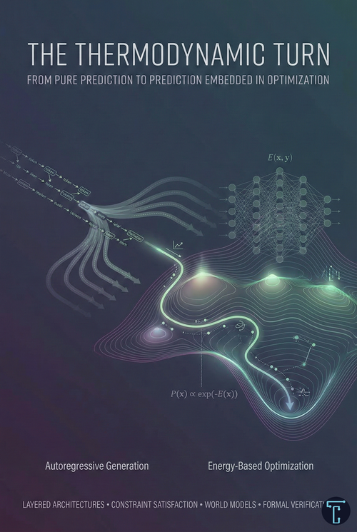 Cover visualization for "The Thermodynamic Turn": A glowing path from linear "Autoregressive Generation" to "Energy-Based Optimization" on a complex landscape.