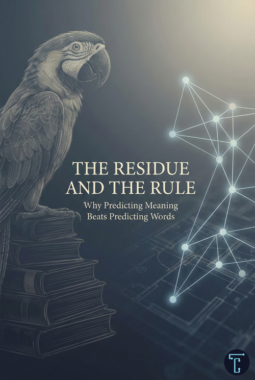 Cover art showing a parrot on books (representing word imitation) and a glowing network graph (representing underlying structure), for the article "The Residue and the Rule".